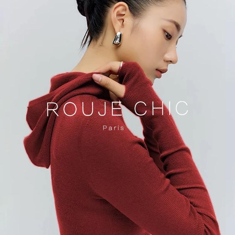 ROUJE CHIC法式红色连帽针织衫女早春季修身显瘦内搭打底毛衣上衣