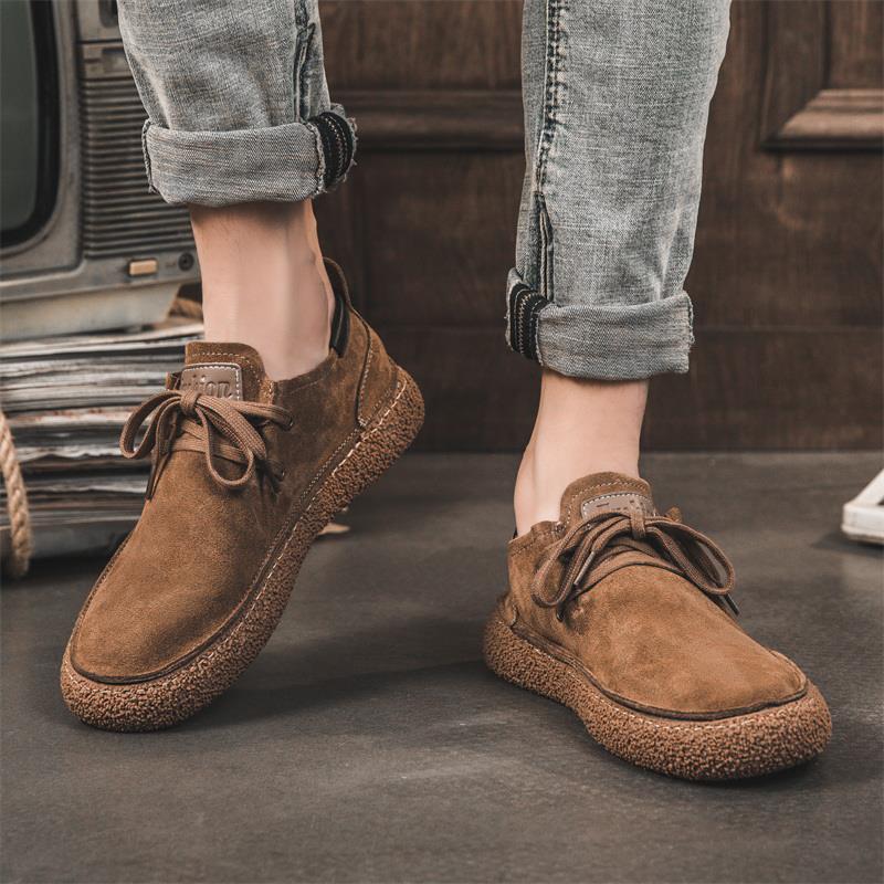 翻毛皮鞋男软底透气单鞋系带时尚英伦复古反绒真皮板鞋男士休闲鞋