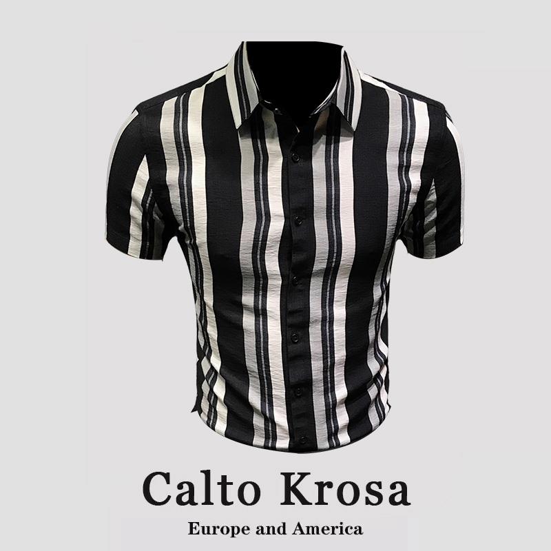 CaltoKrosa~高级感条纹韩版短袖衬衫男潮流商务修身百搭免烫衬衣