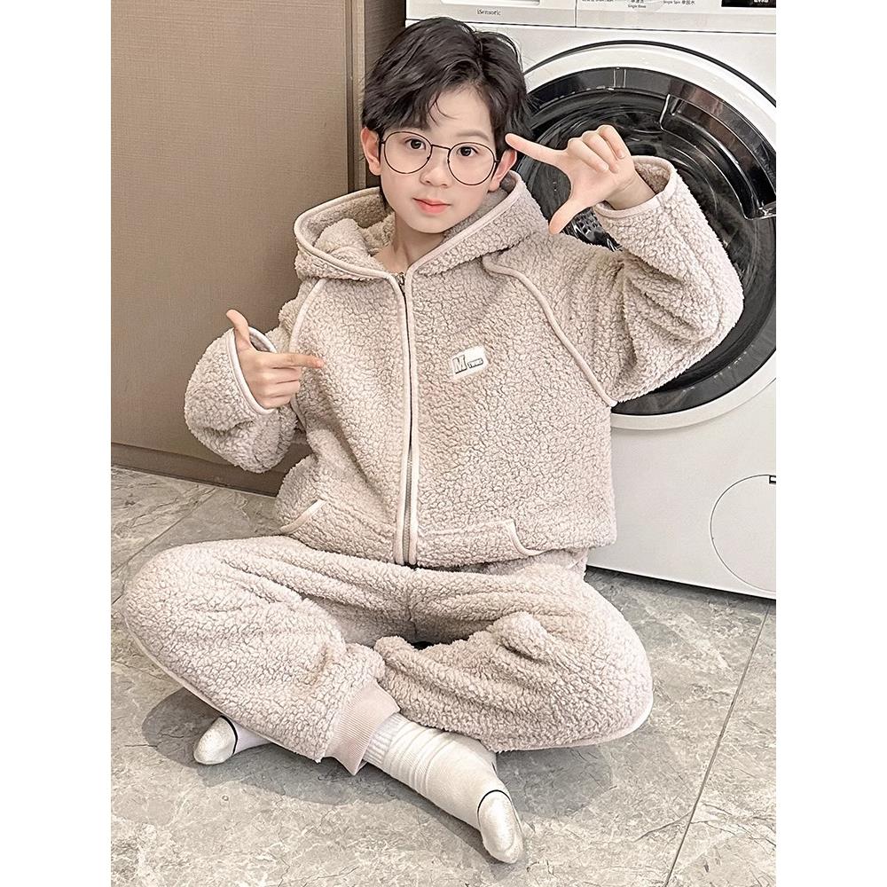 韩国童装男童秋冬连帽睡衣儿童珊瑚绒加厚家居服男孩加绒保暖套装