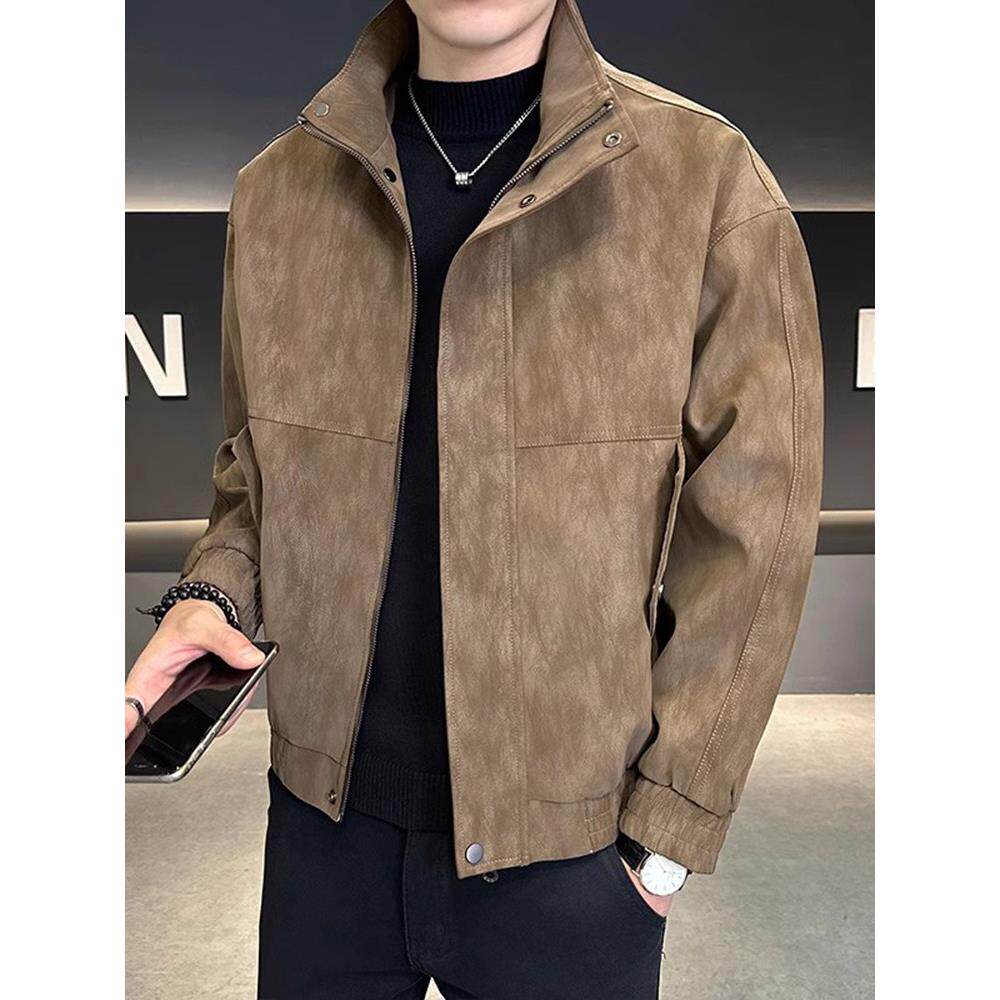 春秋季外套男款痞帅立领拼接休闲pu磨毛夹克皮衣男士潮流宽松简约