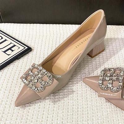 法式高跟鞋女鞋2025新款开春粗跟尖头百搭气质中跟配裙子的单鞋子