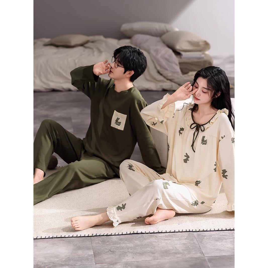 情侣睡衣秋冬季纯棉长袖套头睡衣情侣春天款男女士运动套装家居服