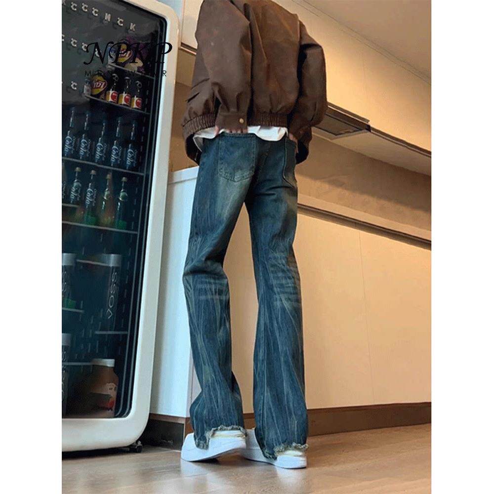 美式高街蓝色闪电纹牛仔裤男款春秋新款vibe覆古休闲微喇直筒裤子