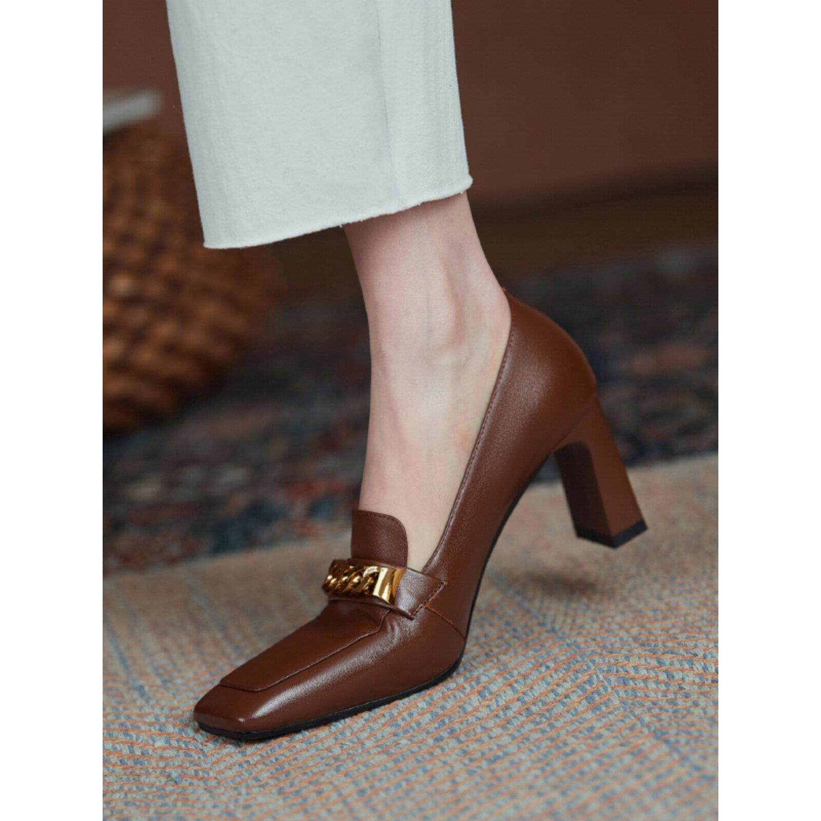 A.D赫本~法国高跟鞋女士2025新款秋冬大衣工作鞋覆古风格小皮鞋