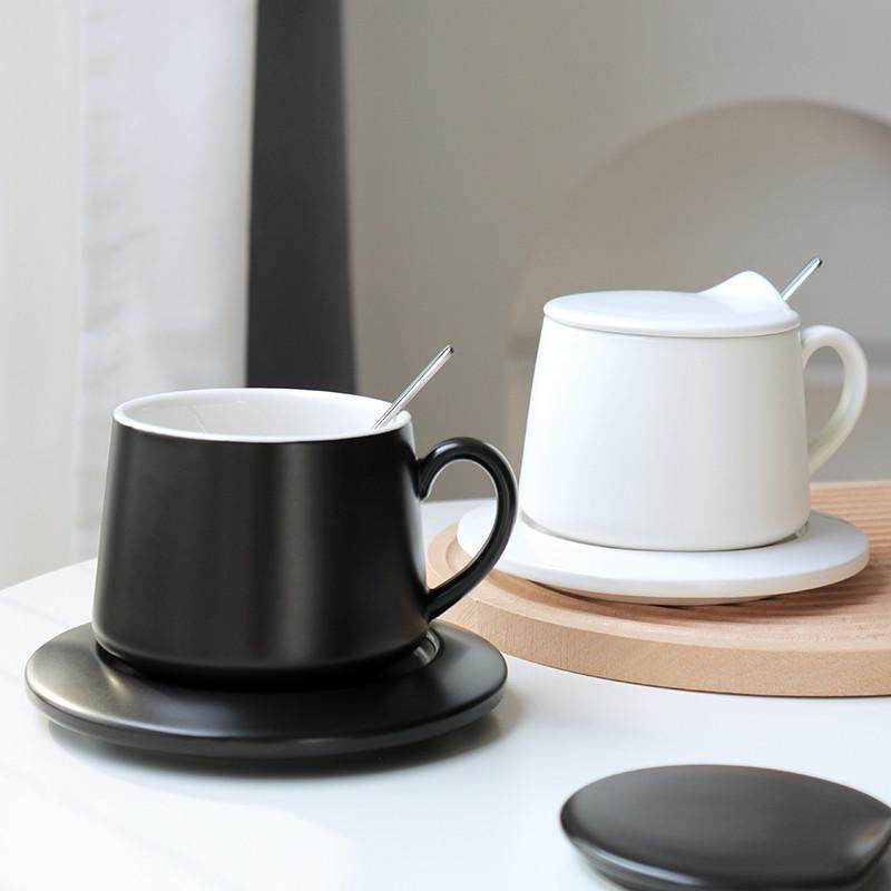 高级感陶瓷马克杯哑光大容量杯碟套装带盖勺高颜值办公室茶杯水杯