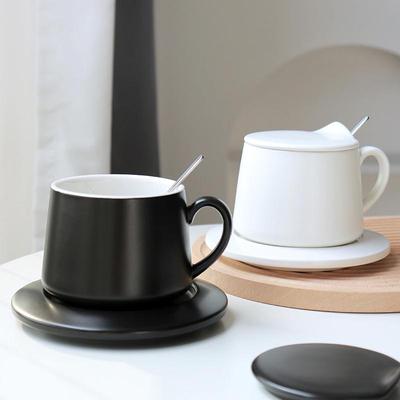 高级感陶瓷马克杯哑光大容量杯碟套装带盖勺高颜值办公室茶杯水杯