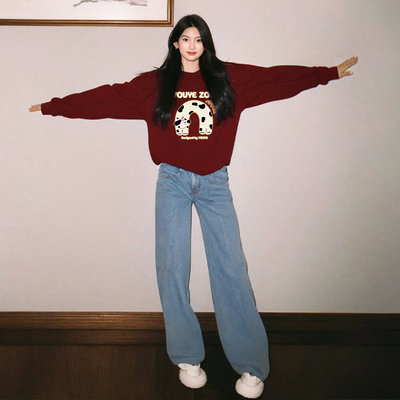 红色卫衣女圆领2025春秋新款爆款