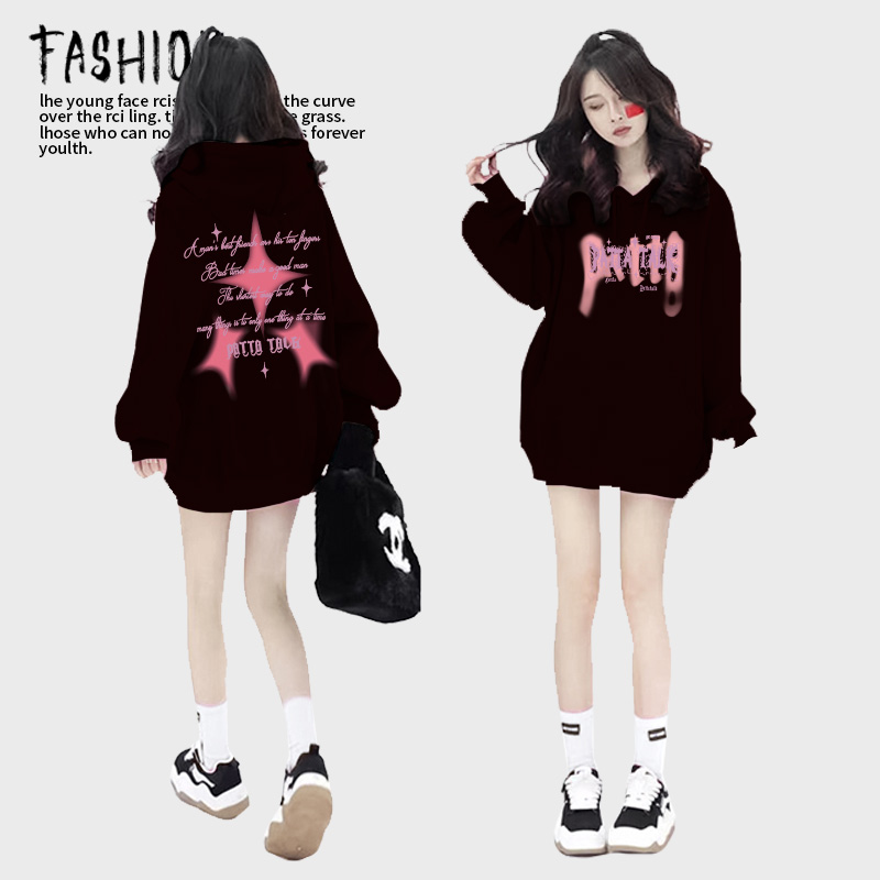 美式vintage黑色加绒卫衣女