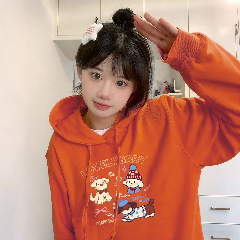 2025新款橘色加绒连帽卫衣女