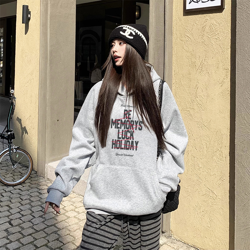 复古美式灰色连帽卫衣潮牌女款