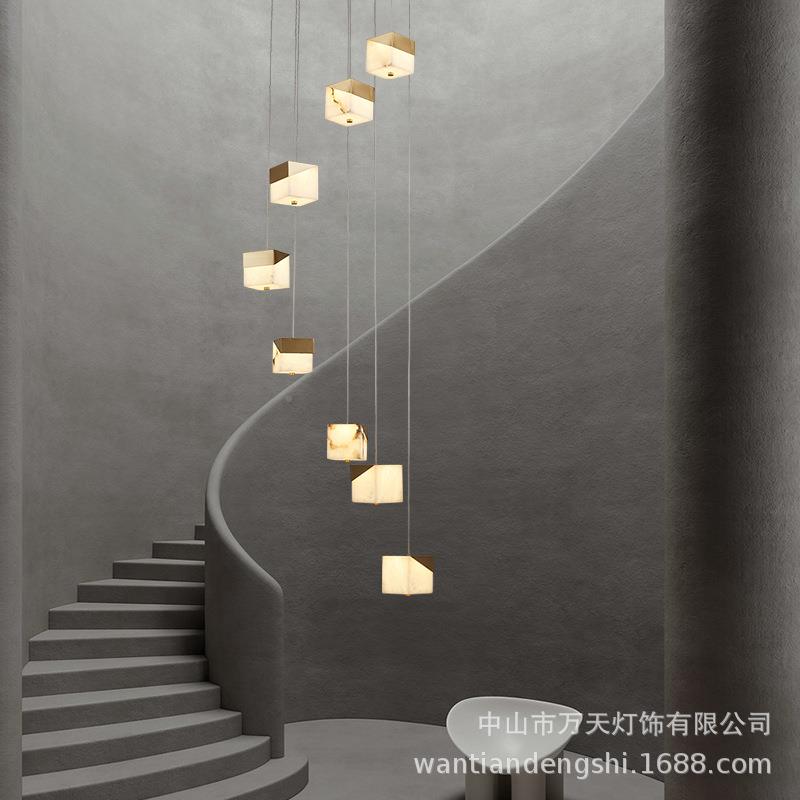 现转代简约新中灯式复式楼旋52417楼梯空长吊灯全中铜云石吧台创