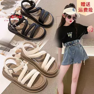 真皮夏季女童公主软底沙滩鞋