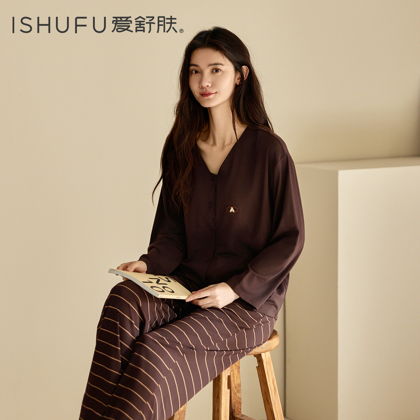 ISHUFU/爱舒肤带胸垫防凸点秋季纯棉家居服套装女士长袖开衫睡衣
