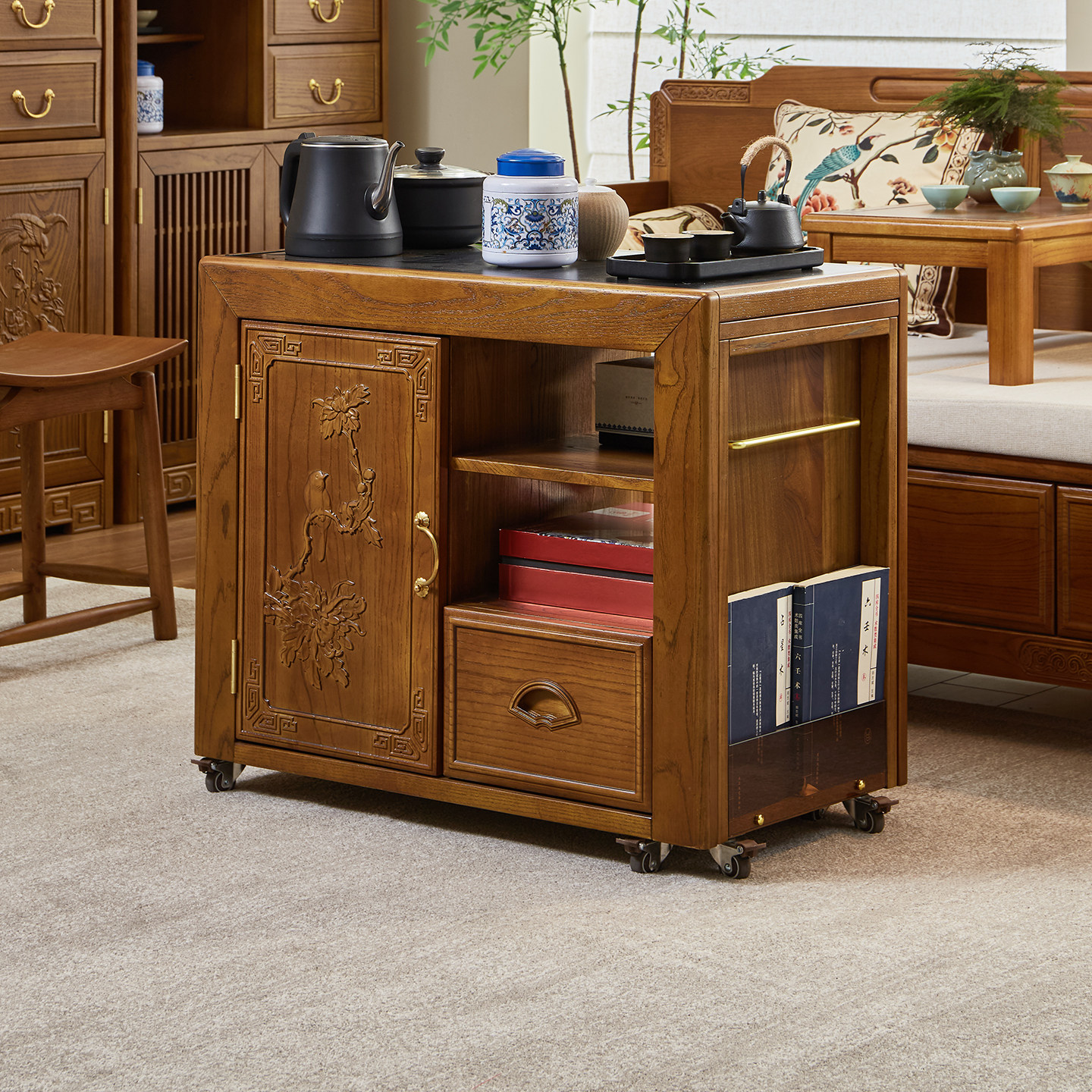 新中式实木移动茶水柜