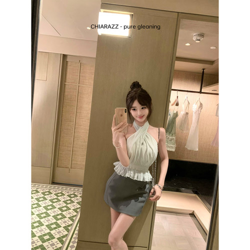 池昭昭Chiarazz少女执事 薄荷绿挂脖收腰上衣+灰半裙纯欲风套装