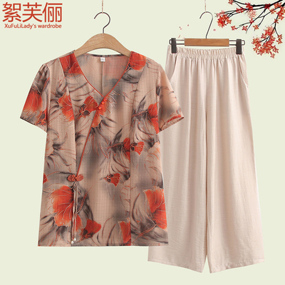 妈妈夏装洋气印花时尚棉麻两件套