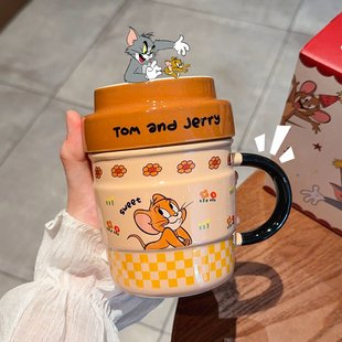 猫和老鼠马克杯带盖杯子可爱陶瓷杯高颜值家用喝水杯办公室咖啡杯