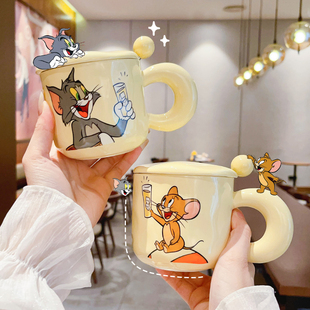 猫和老鼠陶瓷水杯带盖勺家用儿童喝水杯马克杯可爱杯子情侣咖啡杯
