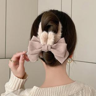 毛绒蝴蝶结抓夹女大号气质后脑勺鲨鱼发夹秋冬款盘发发抓毛茸茸