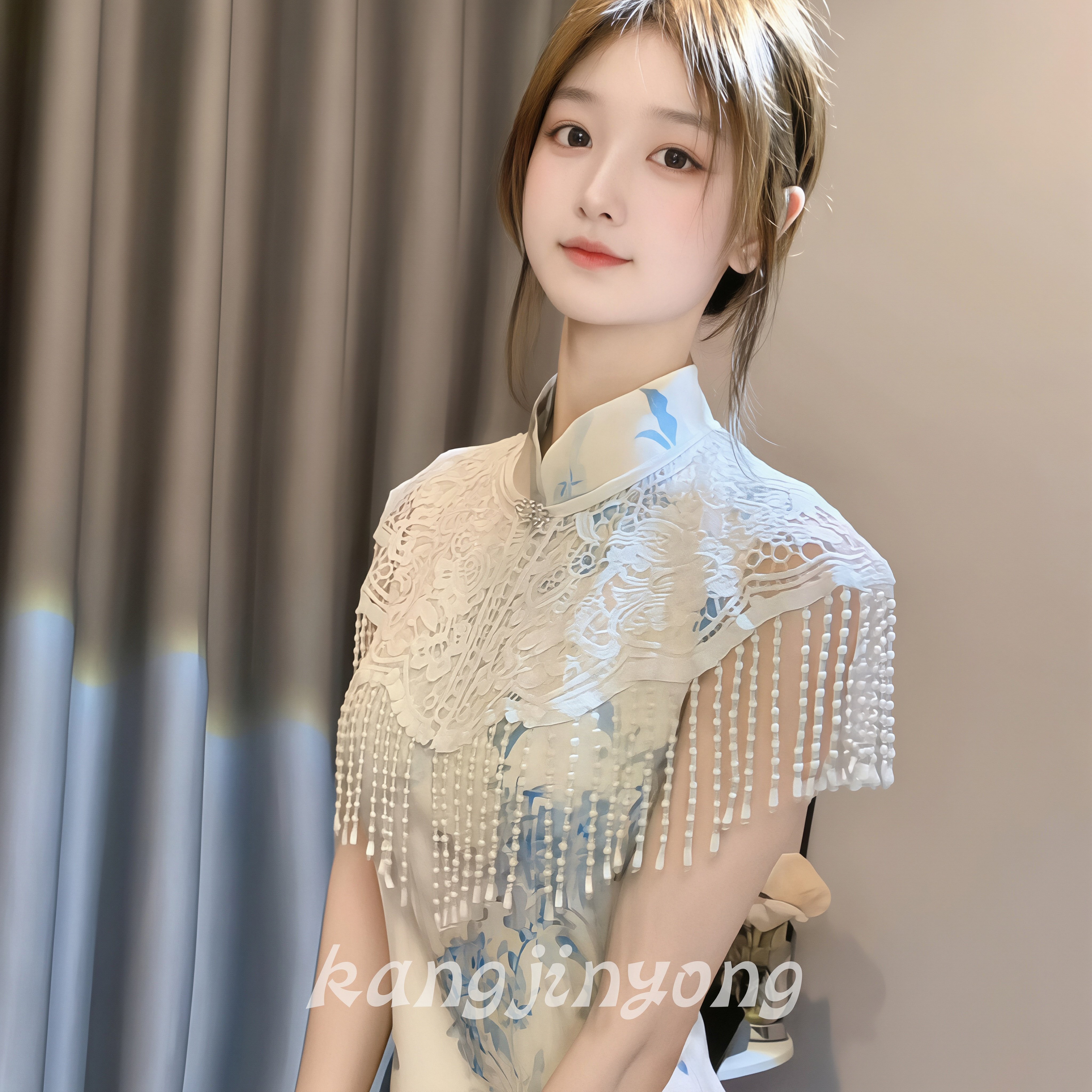 清冷感新中式云肩女珍珠流苏蕾丝