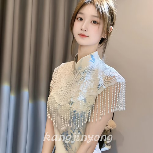 清冷感新中式云肩女珍珠流苏蕾丝
