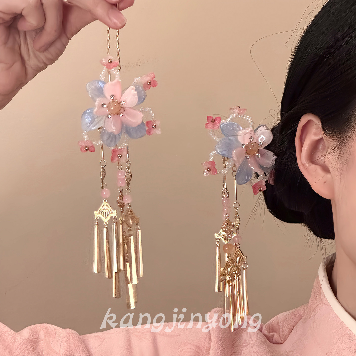 「春雨海棠」新中式粉色花朵U型发钗古风流苏发簪汉服百搭盘发簪