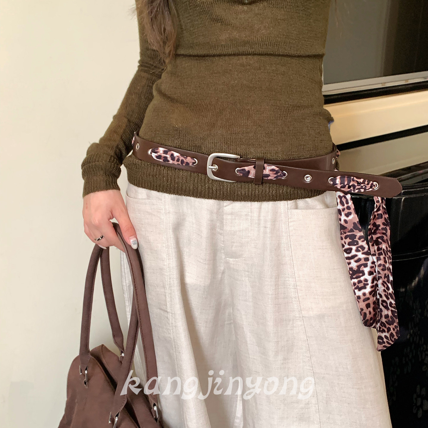 复古豹纹丝巾腰带女穿绳朋克风