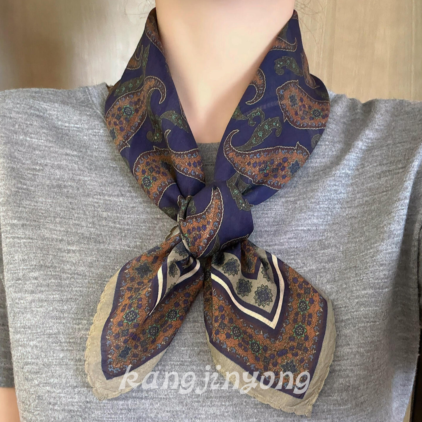 棕蓝撞调｜法式复古老钱风波西米亚印花丝巾藏青撞色通勤系脖装饰
