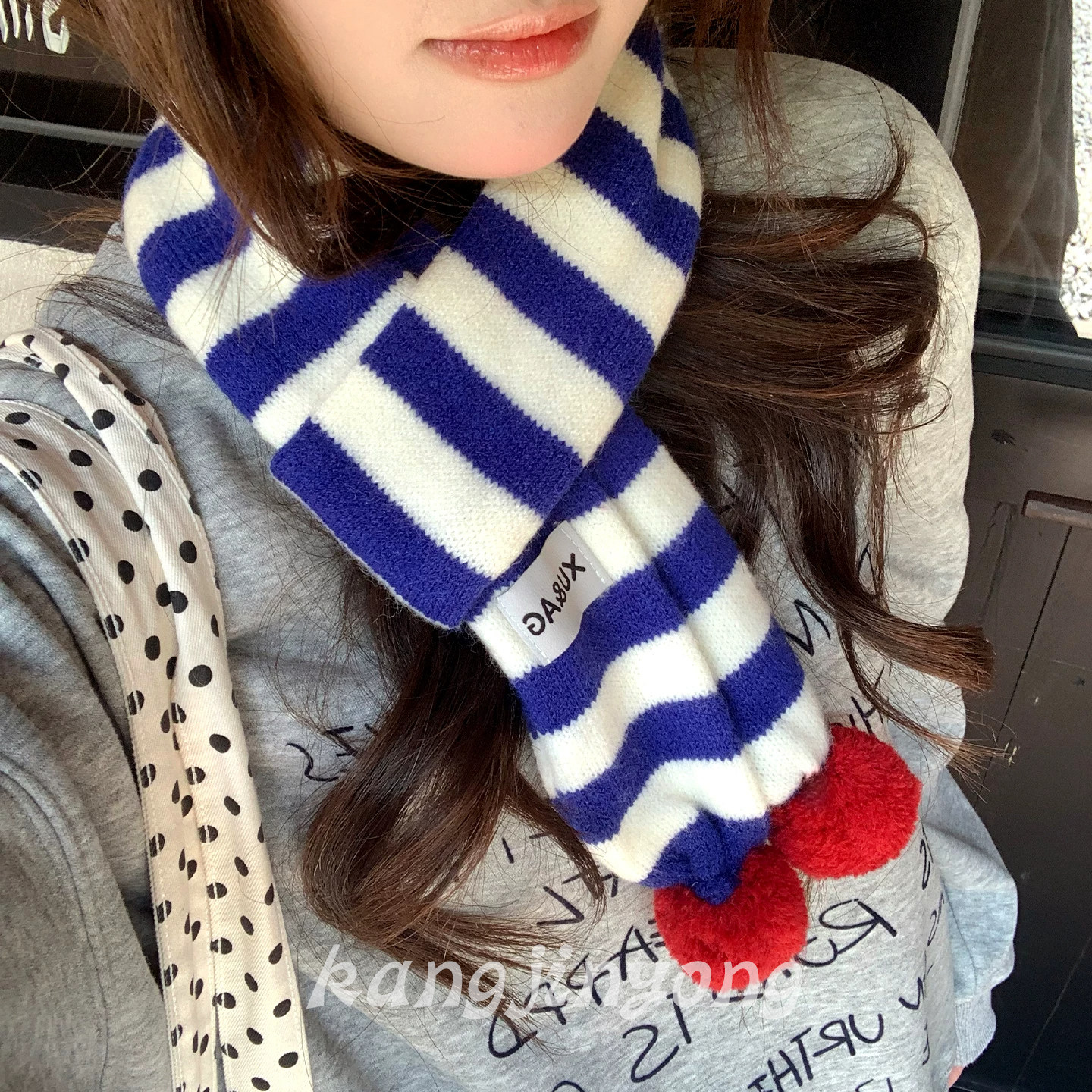 韩系蓝白条纹毛球针织围脖女秋冬