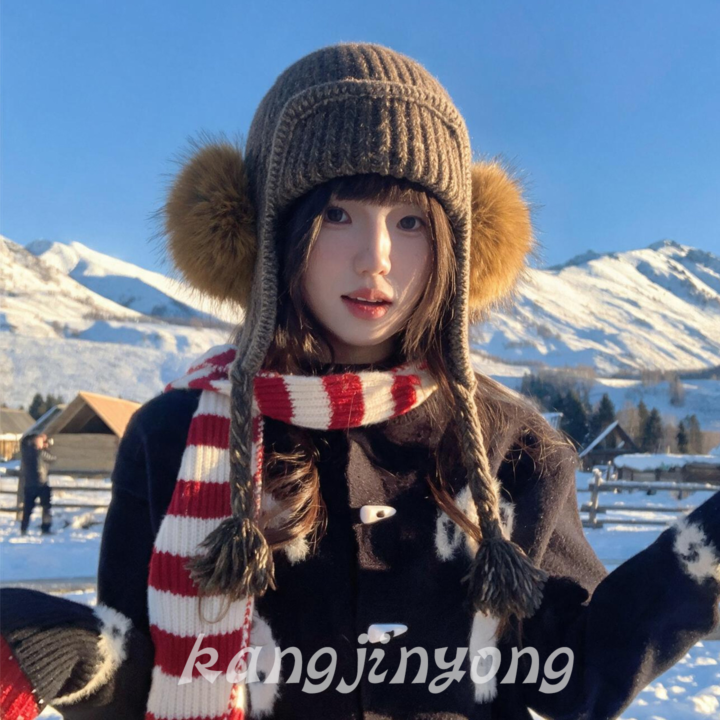 美拉德咖色针织飞行帽女冬季百搭