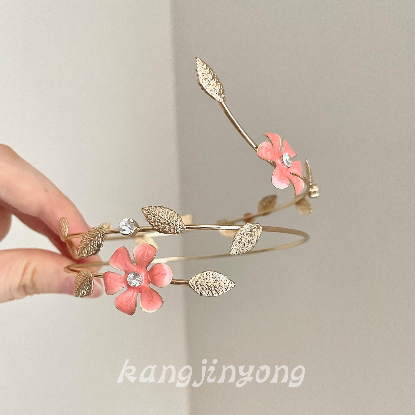 桃枝棠叶~法式花朵树叶金属手环