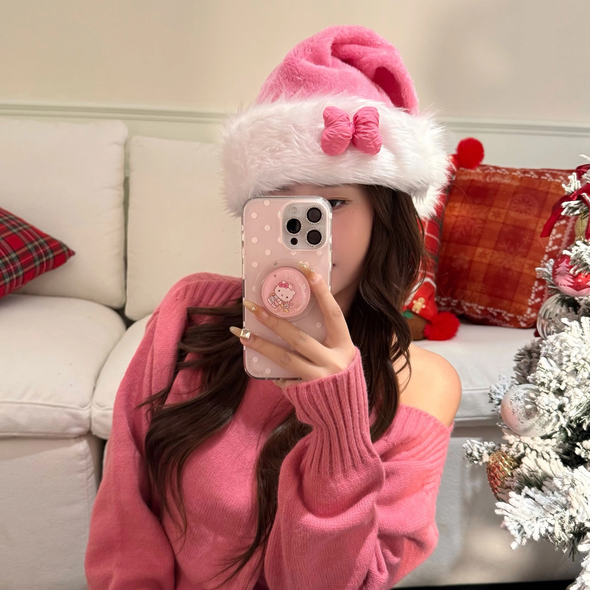 圣诞节粉色毛绒蝴蝶结圣诞帽拍照