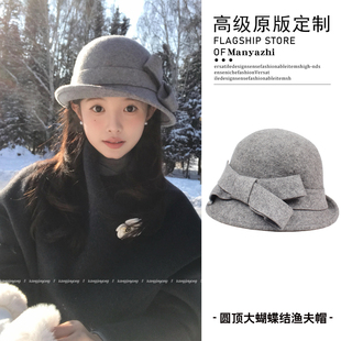赫本风千金盆帽羊毛呢帽子女冬季百搭保暖韩系优雅礼帽保暖羊毛帽