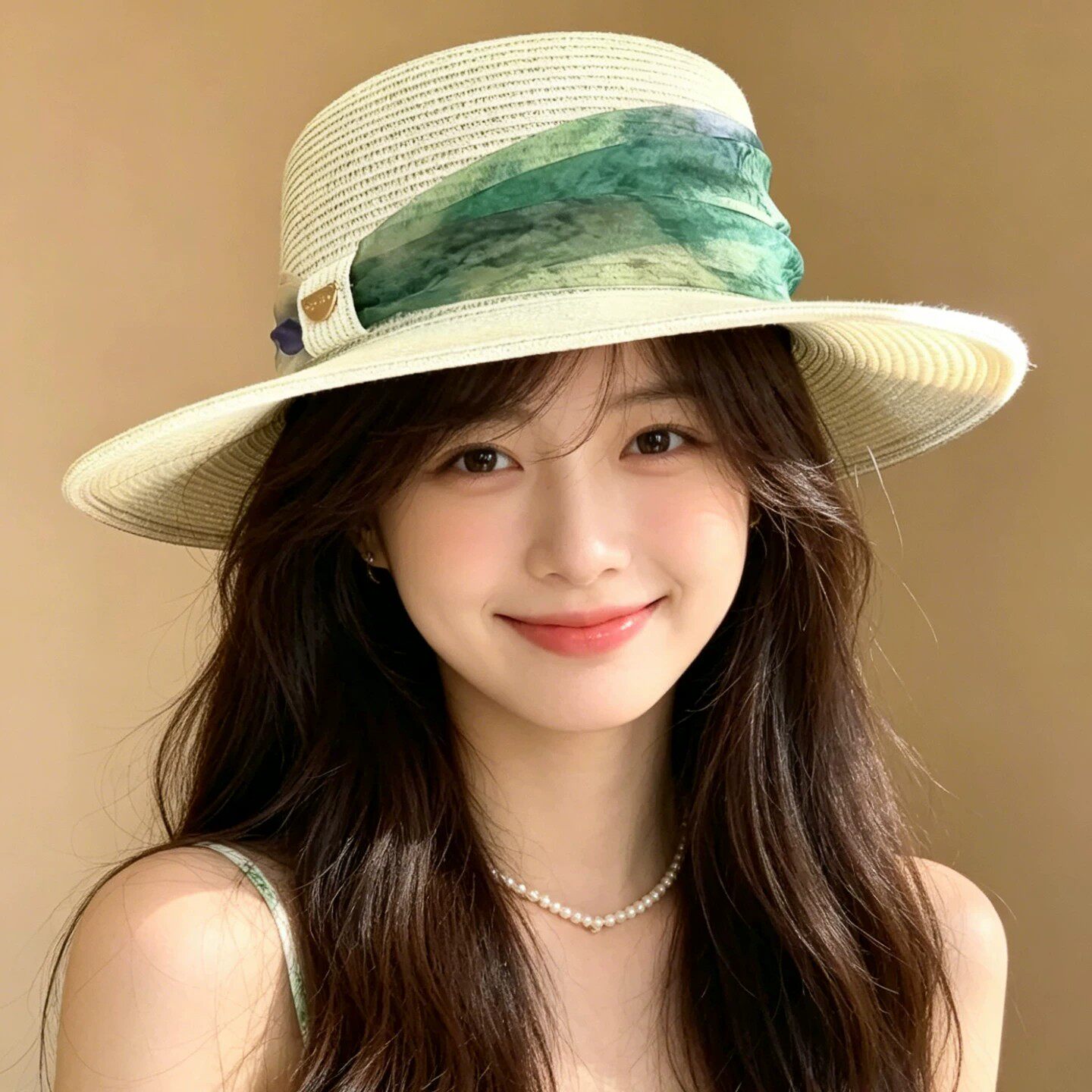 温柔气质绿色香云纱拼接草帽