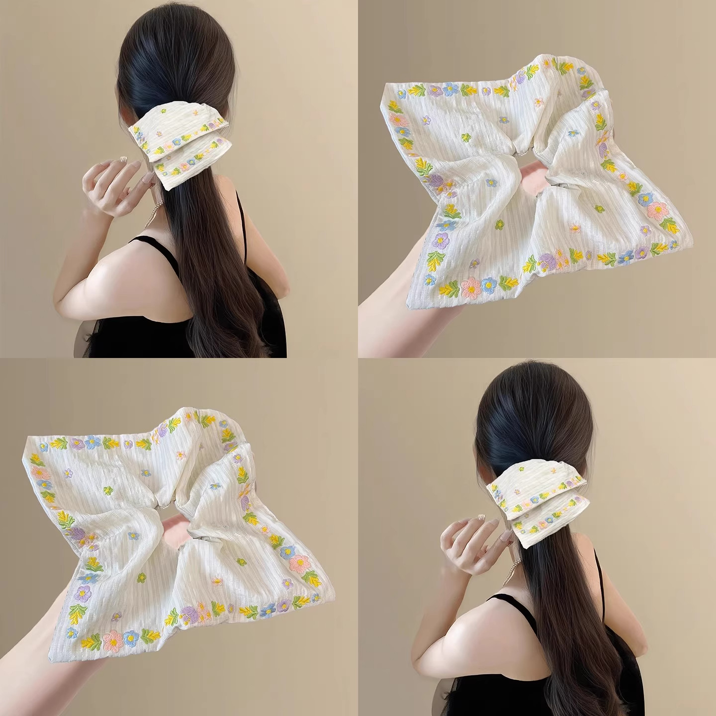 西莉花苑！新中式刺绣花朵方巾！大肠发圈女高级感发饰头绳盘发器