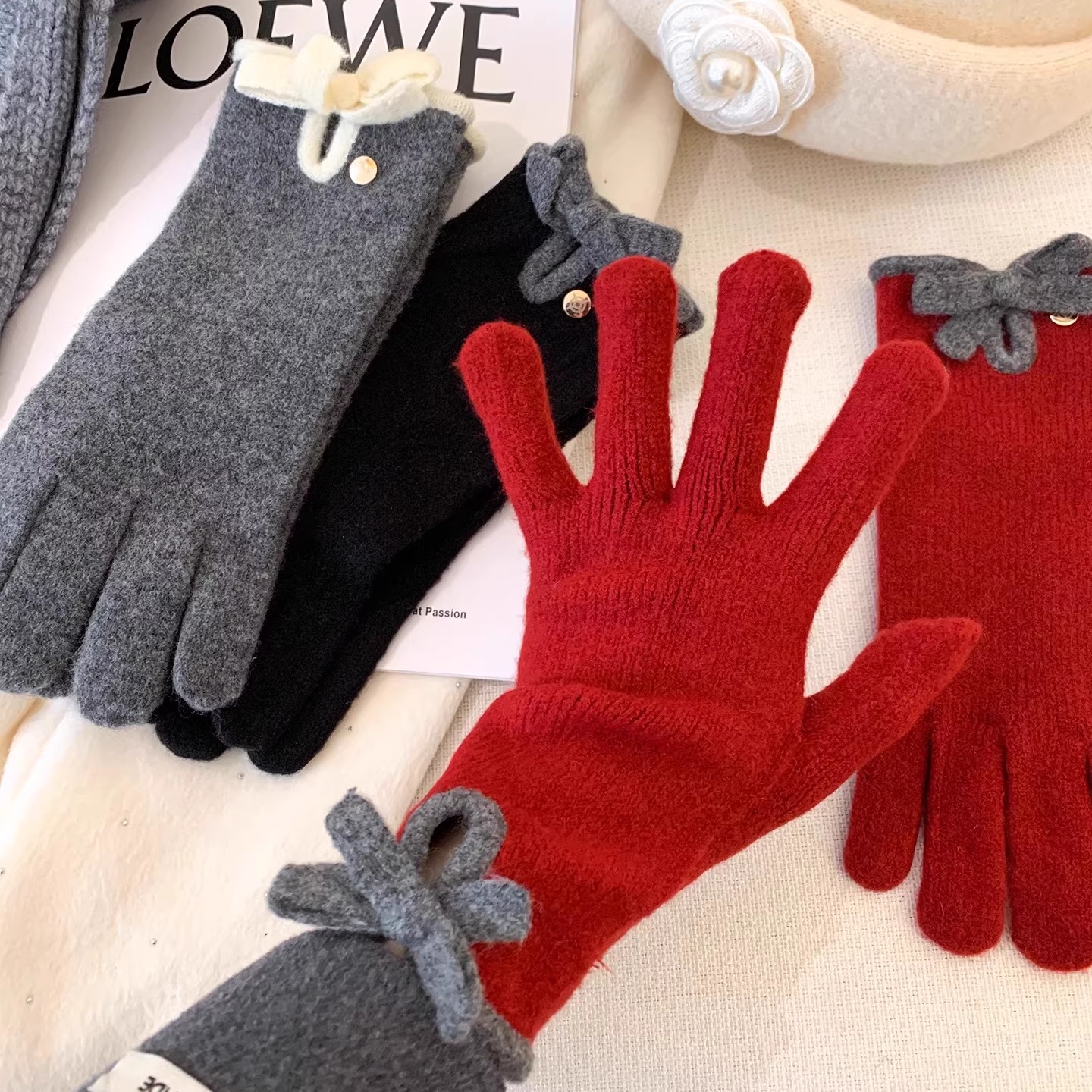 韩系蝴蝶结红色针织毛线手套女2025新款冬保暖防风露指五指可触屏