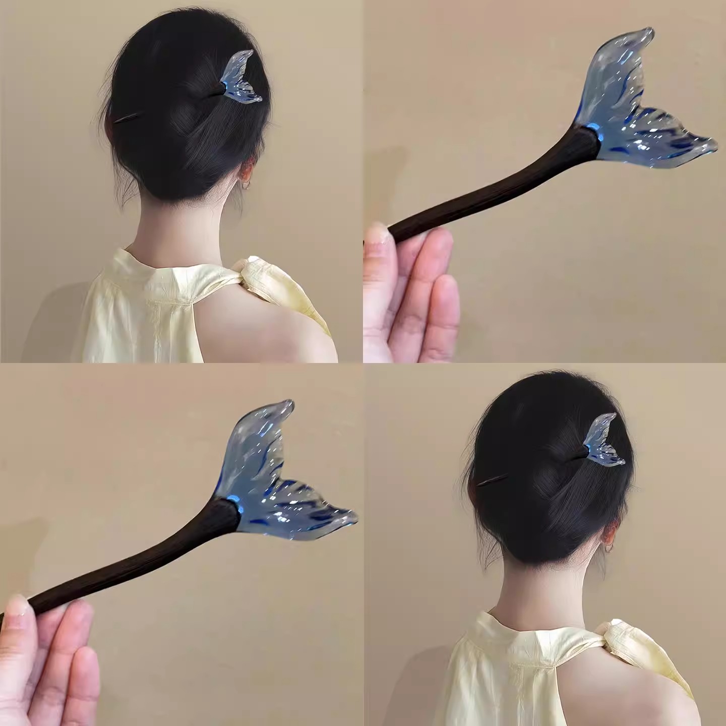 鲛梦洇蓝~人鱼姬檀木发簪
