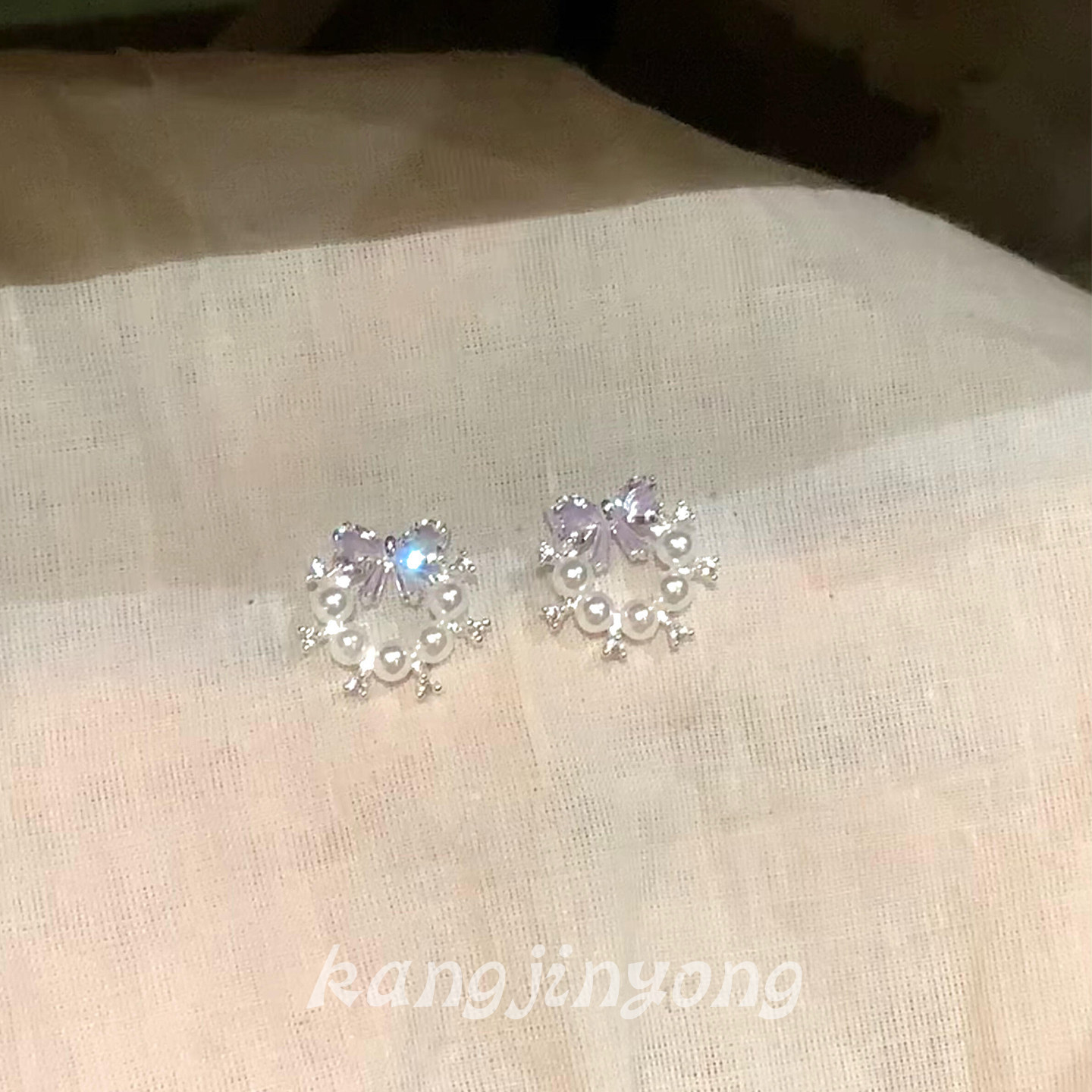 韩系淡紫色锆石蝴蝶结珍珠耳环女