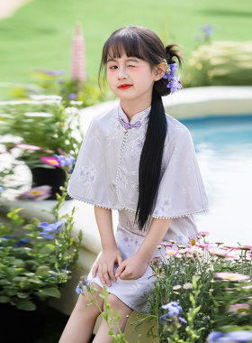专柜紫色女童送考旗袍2026夏季复古民国风披肩套装新中式小女孩公