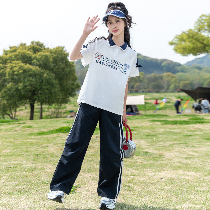 专柜女童夏季洋气套装2026新款夏装中大童时髦运动休闲短袖T恤两
