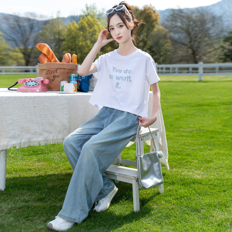专柜女童夏装套装2026新款初中生儿童韩系短袖牛仔阔腿裤休闲两件