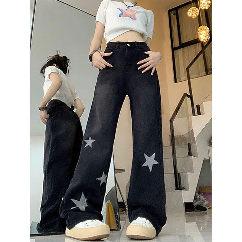 专柜美式黑色星星牛仔裤女夏季新款大码胖mm高腰宽松显瘦直筒阔腿