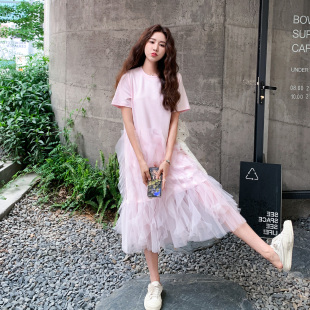 连衣裙女2025夏法式 粉色超好看网纱拼接短袖 温柔风甜美减龄T恤裙