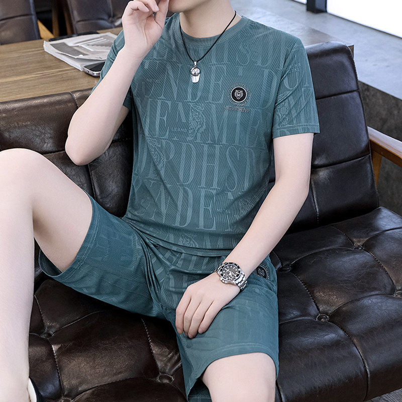 专柜冰丝套装男休闲运动一套薄款速干透气短袖短裤吸汗跑步夏季T