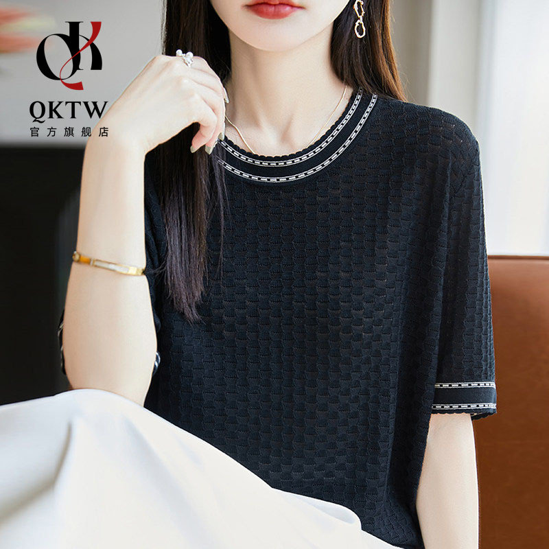 冰丝短袖t恤女2026夏季新款时尚镂空透气针织衫上衣洋气大码半袖