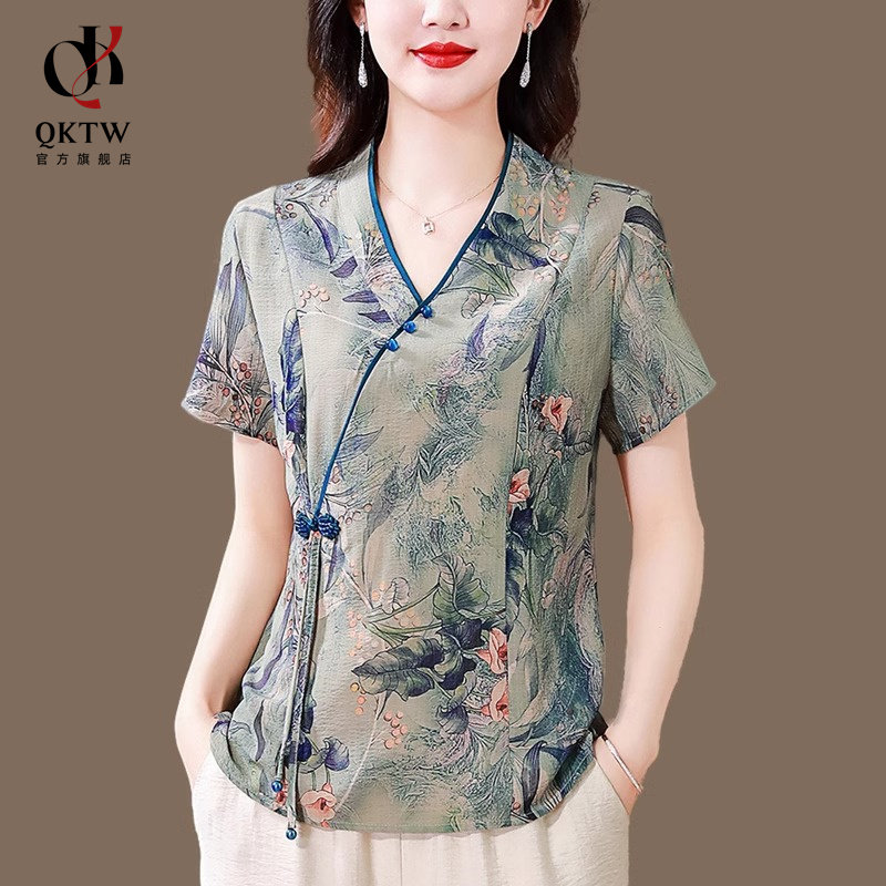 洋气短袖t恤女夏季新款V领国风盘扣印花时尚宽松薄透气半袖上衣