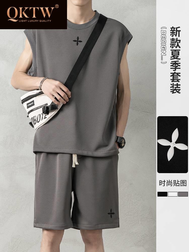 无袖t恤男士夏季套装篮球运动休闲坎肩背心男装搭配一套帅气