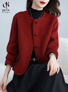 毛呢外套女2025新款秋冬季中老年红色双面短款大衣小香风圆领上衣