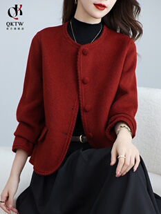 大衣小香风圆领上衣 中老年红色双面短款 毛呢外套女2025新款 秋冬季